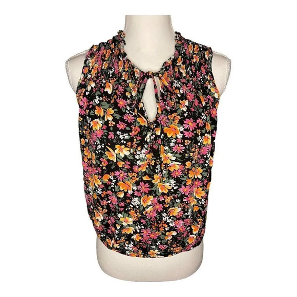 Rachel Zoe‎ Women’s Medium Elastic Floral Sleeveless Black Pink & Orange Top - Picture 1 of 4